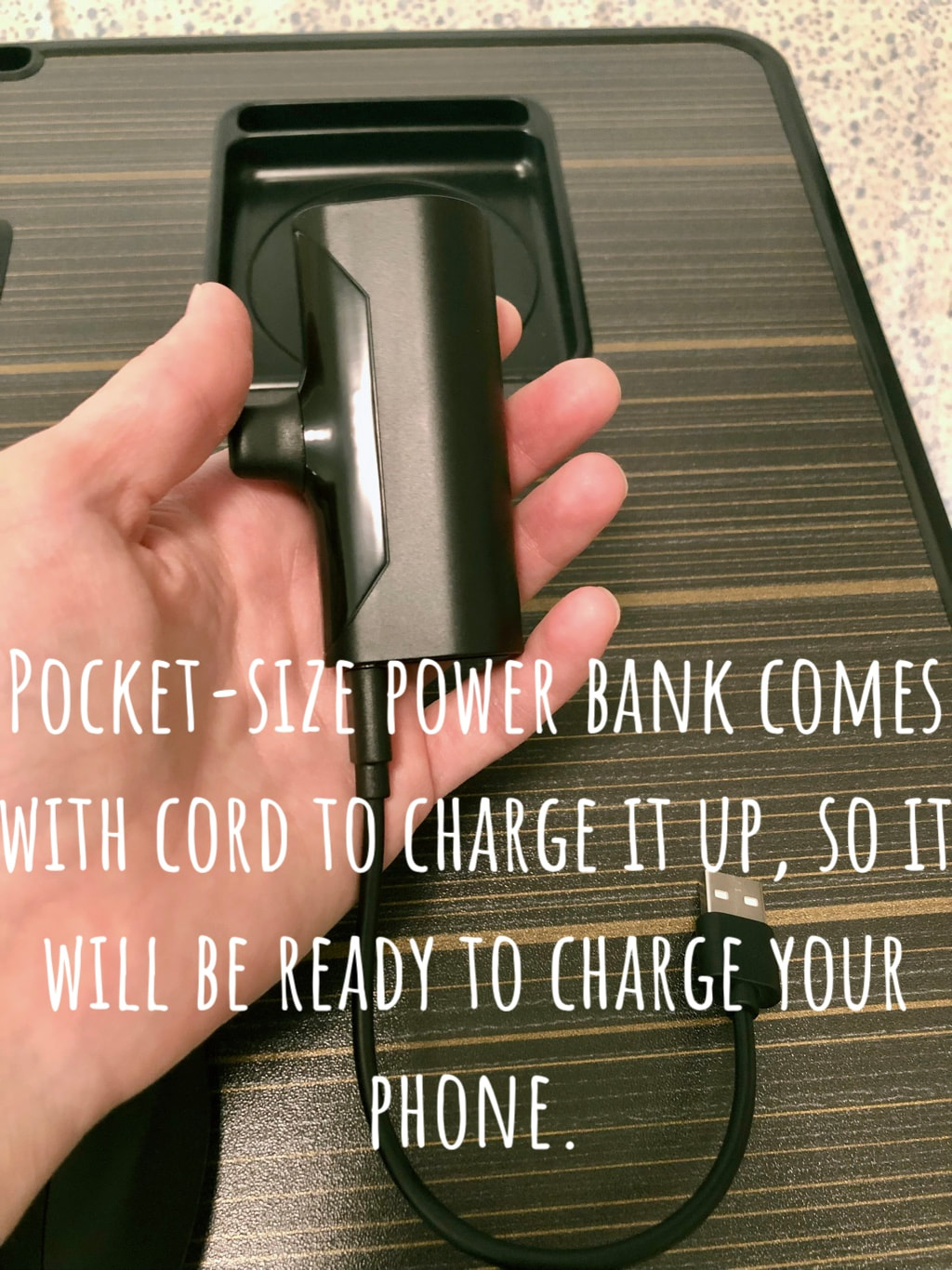 Pocket-size power bank and charger for iPhone 8 and iPhones.