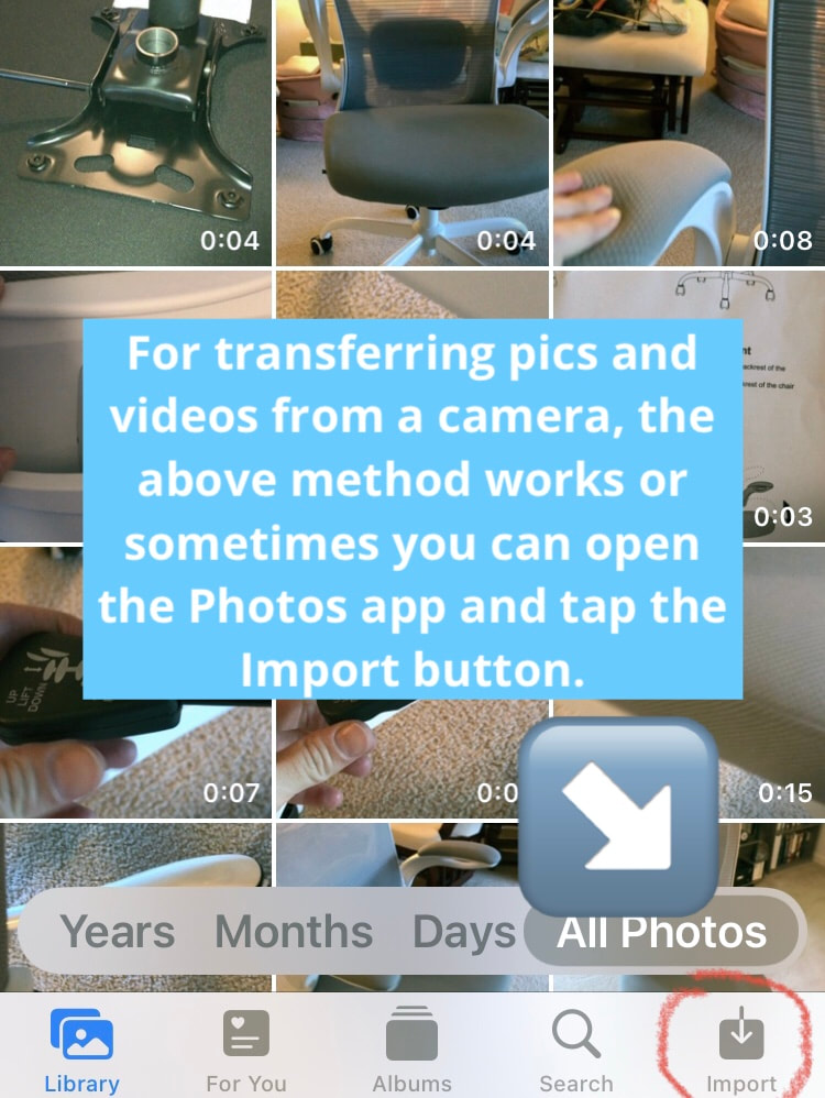 Importing photos and videos from digital camera with iPhone Photos app. 